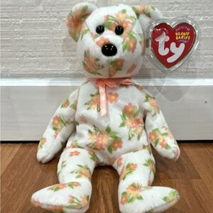 Ty Floral Plush Bear in White, Pink & Green